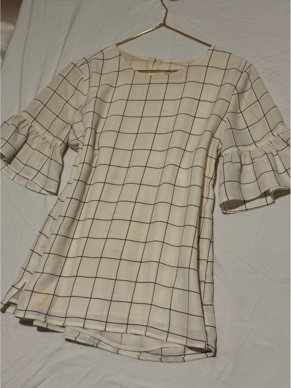 LOFT White Ivory Grid Windowpane Flounce Bell Sleeve Blouse Top Size XS
